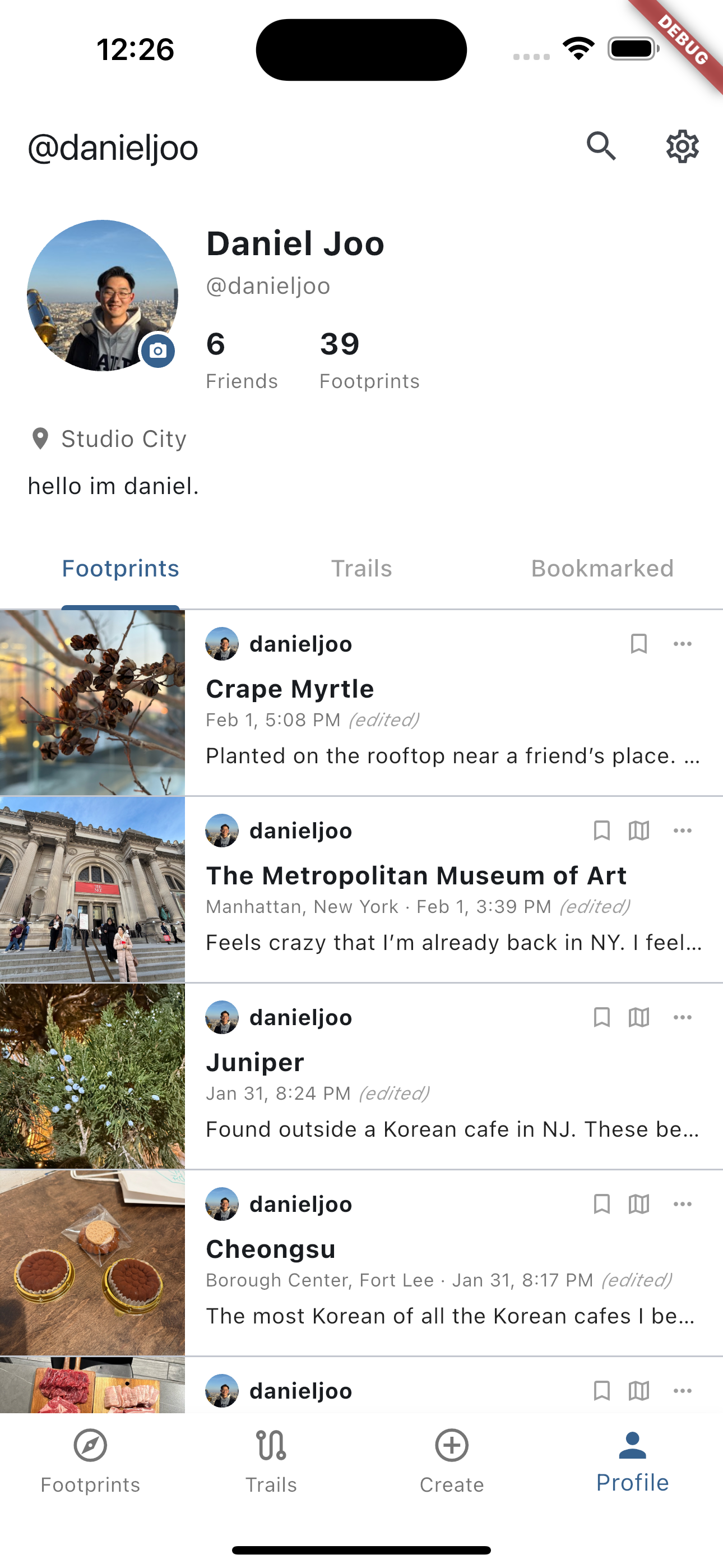 User profile showing various footprints